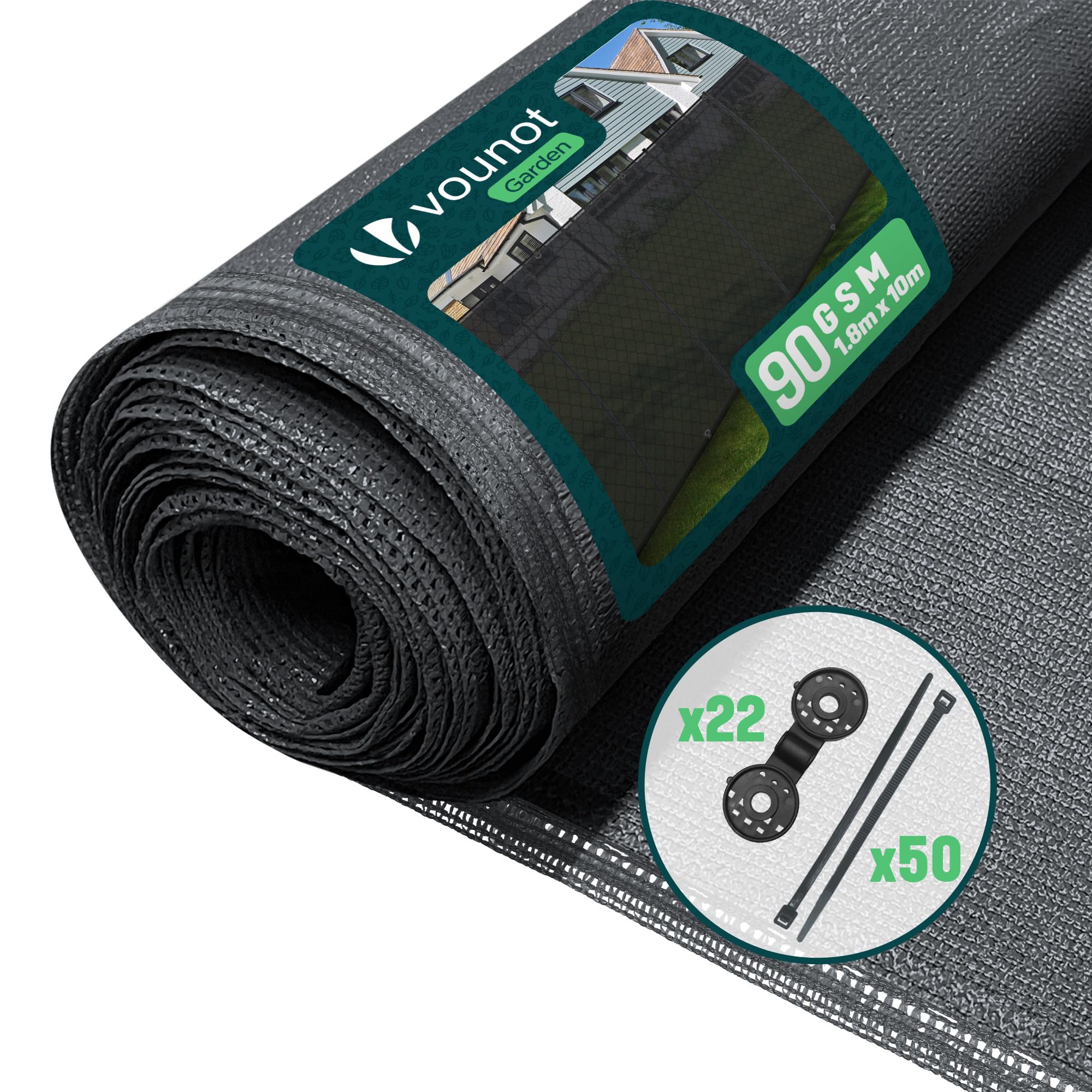 VOUNOT Siatka maskująca 1,8 x 10 m, siatka zacieniająca HDPE, 75% zacienienia odporna na działanie promieni UV, odporna na rozdarcie, ogrodzenie z otworami i opaskami kablowymi, antracyt