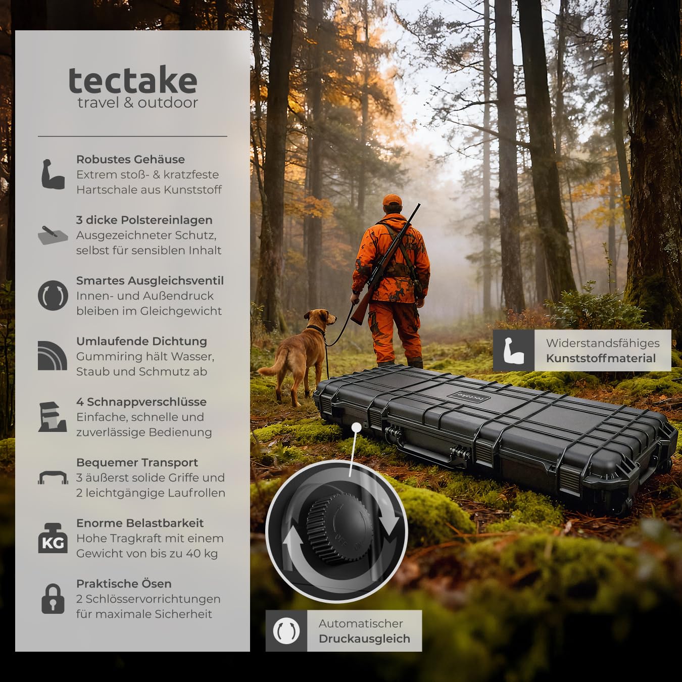 tectake® Gewehrkoffer für Langwaffen, Hardcase Koffer Box leer, Waffenkoffer wasserdicht, mit Würfelschaum, Transportkoffer für Ausrüstung, Airsoft, Pistole oder Luftgewehr 113,5 x 41 x 16 cm