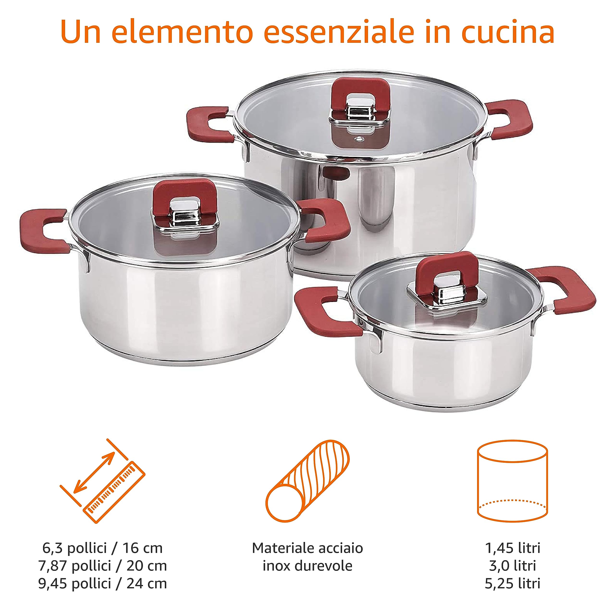 Amazon Basics 3 unità Batteria di Pentole a Induzione,16/20/24 cm, Acciaio inossidabile