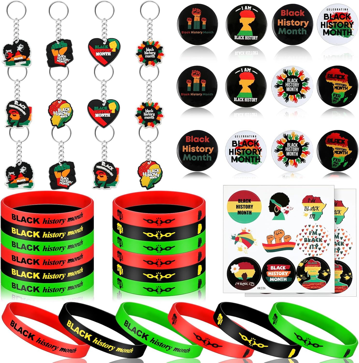 Ecation 38 Pcs Black History Month Party Favors Including 12 Pcs Elastic Rubber Bracelets 12 Pcs Keychain and Buttons Badges Pins 2 Pieces Labels Stickers for Party African Black Freedom Day Supplies