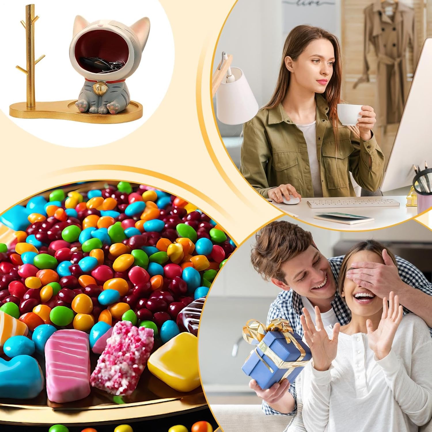 玄関テーブル用キーボウル,樹脂製猫像 開運グッズ,鍵置き | キャンディ用 ホーム リビングルーム ベッドルーム キャビネット シェ