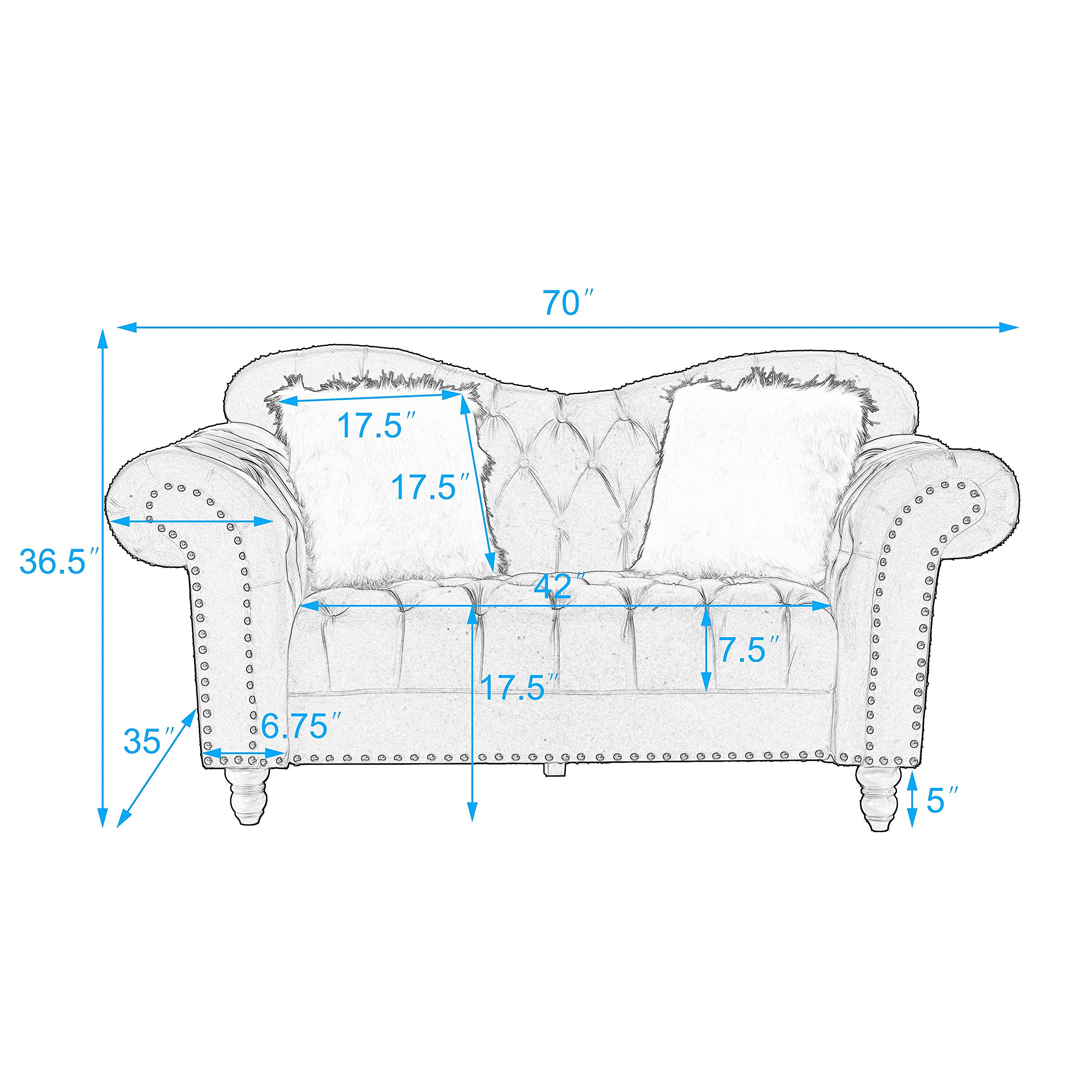 MOEO 1 Pcs Large Living Room Sofa Set, Including Three-Seater, Loveseat and Couch Chair, with Button and Copper Nail on Arms and Back, Five White Villose Pillow, Gray, Grey