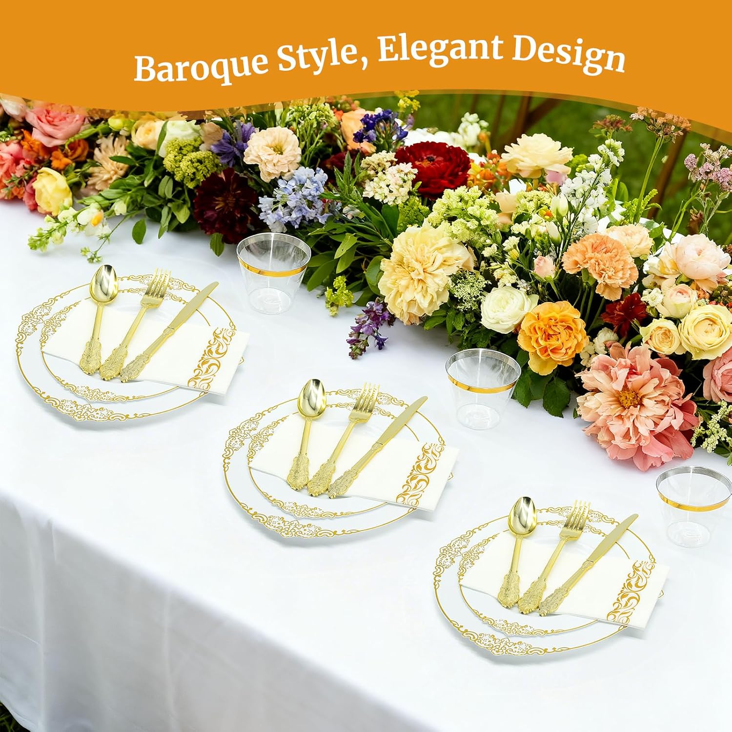 AIRE 175PCS Gold Plastic Plates for Party Supplies Dinnerware Sets for 25 Guests, Vintage Disposable Plastic Party Plates Cups Spoons Forks Knives Napkins for Wedding Birthday Christmas BBQ Parties - Image 3