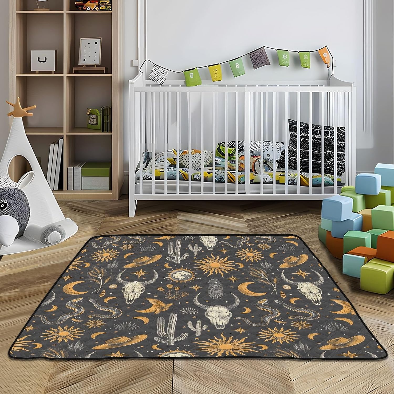 Baby Play Mat Western Oxbone Cactus Black 50 x 50 Playpen Mats for Floor Play Gym Crawling Mat Non-Slip Cushioned Baby Playmat for Infants, Babies, Toddlers