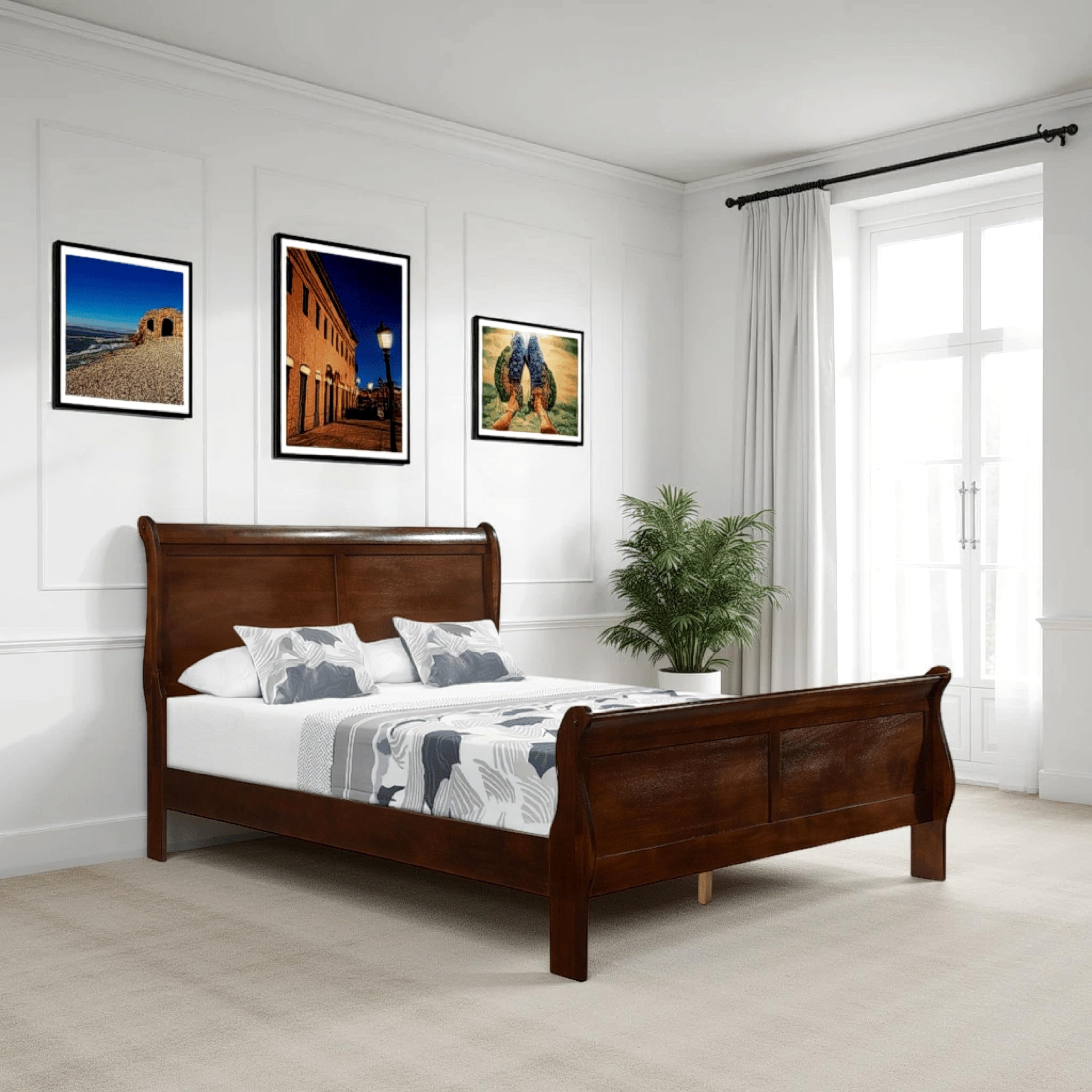 Wood Slat Bed Queen Cherry Sleigh
