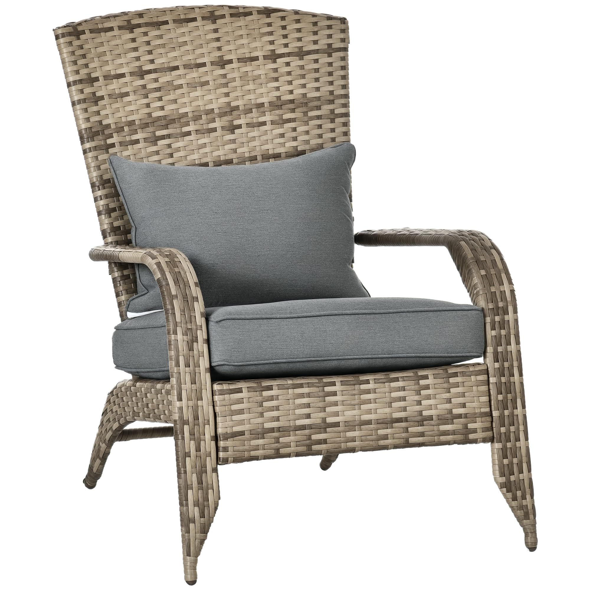 Outsunny Adironrack Silla de jardín con reposabrazos y Cojines, Silla de ratán y Acero para Interior y Exterior, 64x80x90 cm, Mezcla de marrón y Gris Oscuro