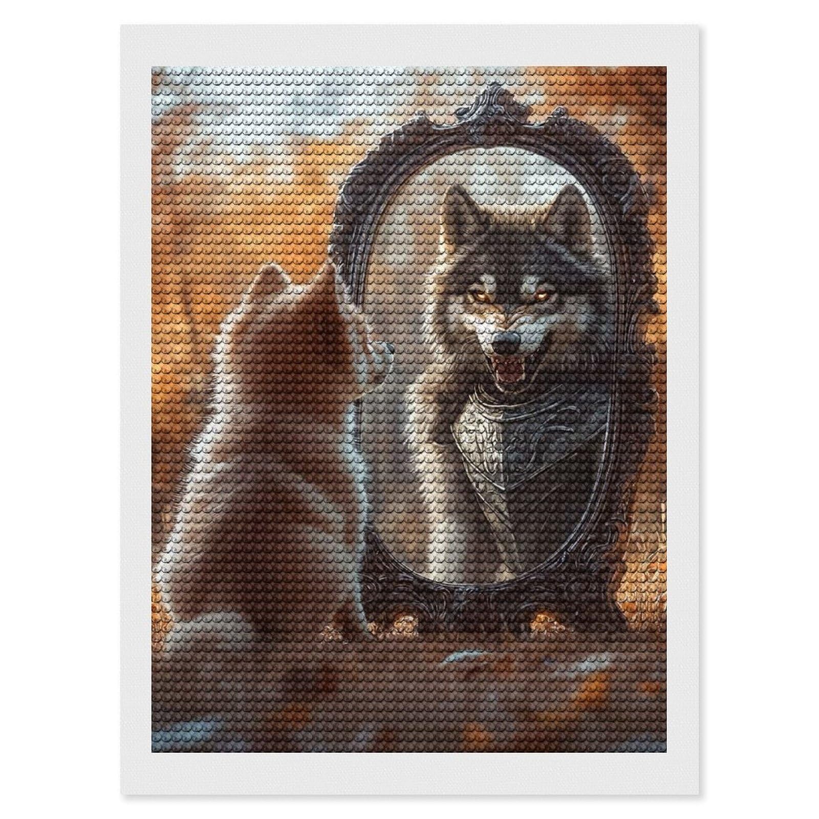 Junmoney Wolf Reflection Diamond Painting Set 12"x16", for Adults, Decorate Your Room, Thoughtful Handmade Gift, Boho Decor, with Tool Kit