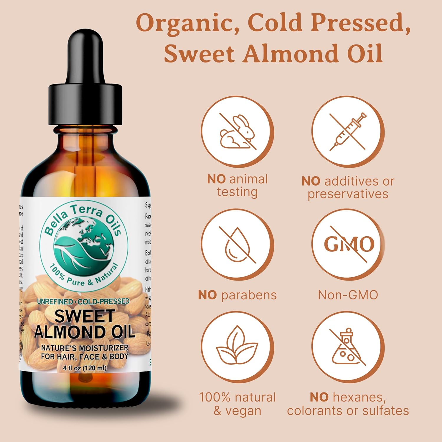 Organic Sweet Almond Oil – 1 Gallon, Deep Hydration, Nourishing, Light & Absorbent, Rich in Vitamins, Non-Greasy. Bella Terra Oils