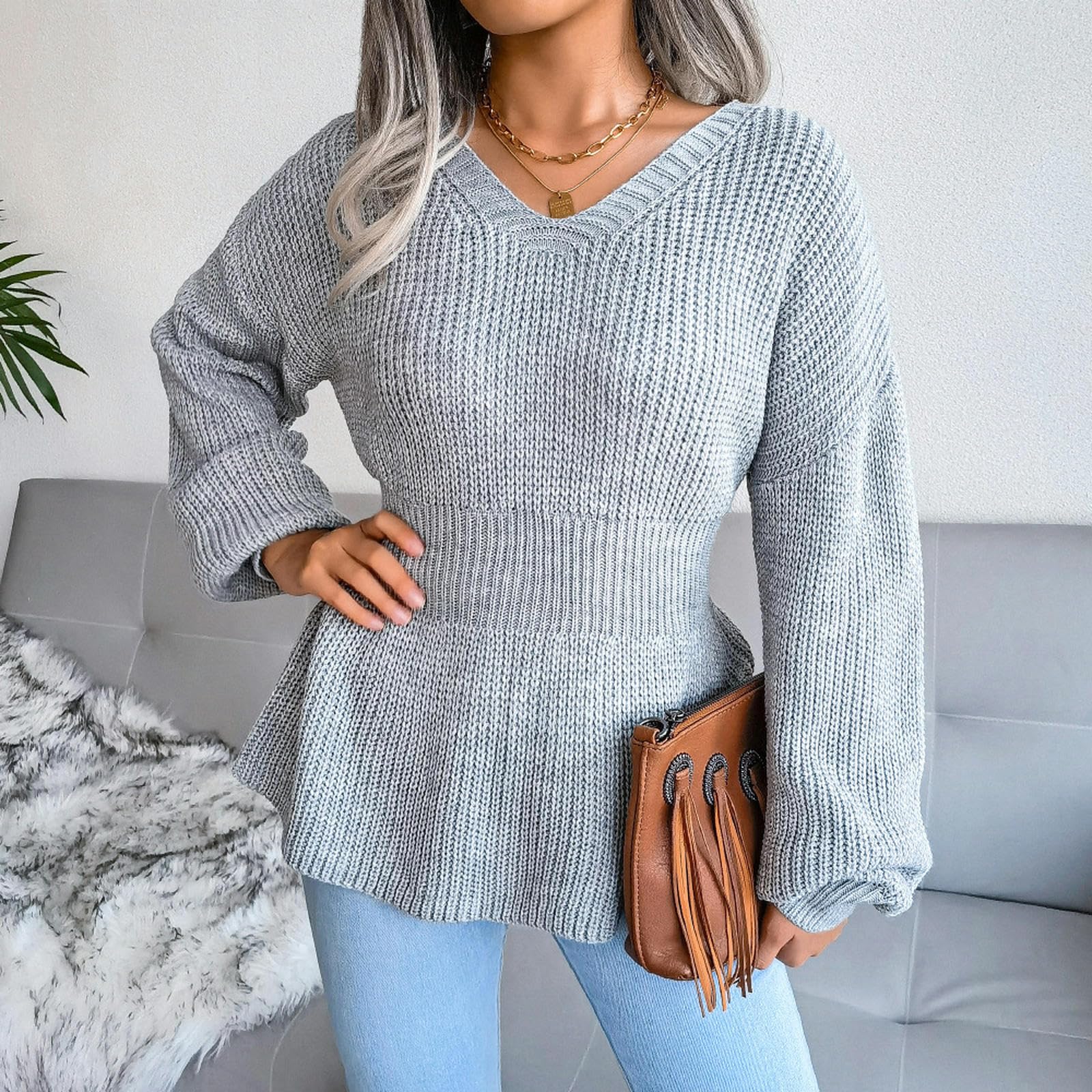 Maglione Donna Gialli A Maniche Lunghe per Maglioni Lunghe da Donna Pullover Inverno Pullover Morbido A V-Collo Maglioni A V-Collo Inverno Inverno-Cachi-s