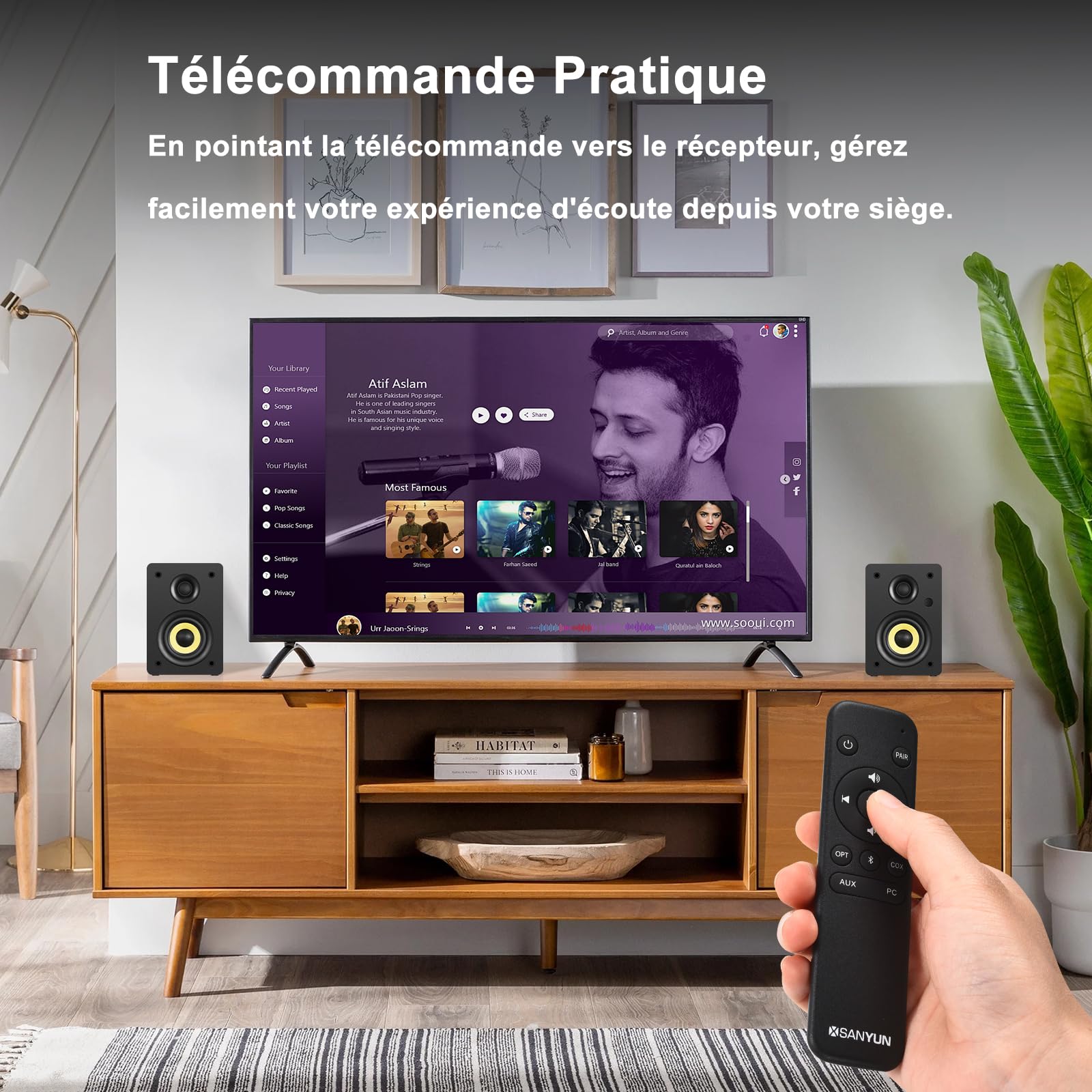 Sanyun SW206 80W Enceintes bibliothèque Actives Double Mode, 4" Studio Monitor/HiFi, Champ sonore 3D amélioré, Entrée symétrique TRS 6,35mm, Bluetooth 5.4, Optique/Coaxial/Aux/USB DAC 24bits, Bois