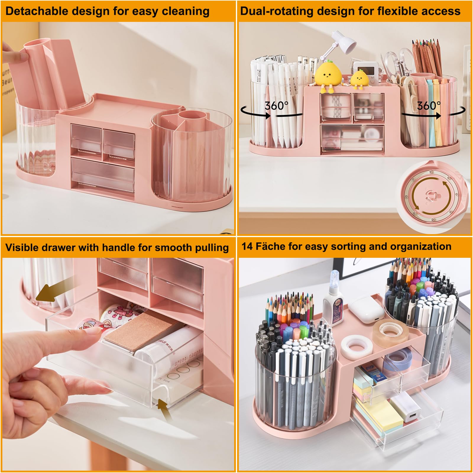 Organiseur de Bureau Rotatif à 360 Pot à Crayon Rotatif 14 Compartiments Porte Stylos de Bureau Faire Tourner Pot Crayon Rangement Stylo Pour Papeterie Maquillage L'artisanat (Rose)