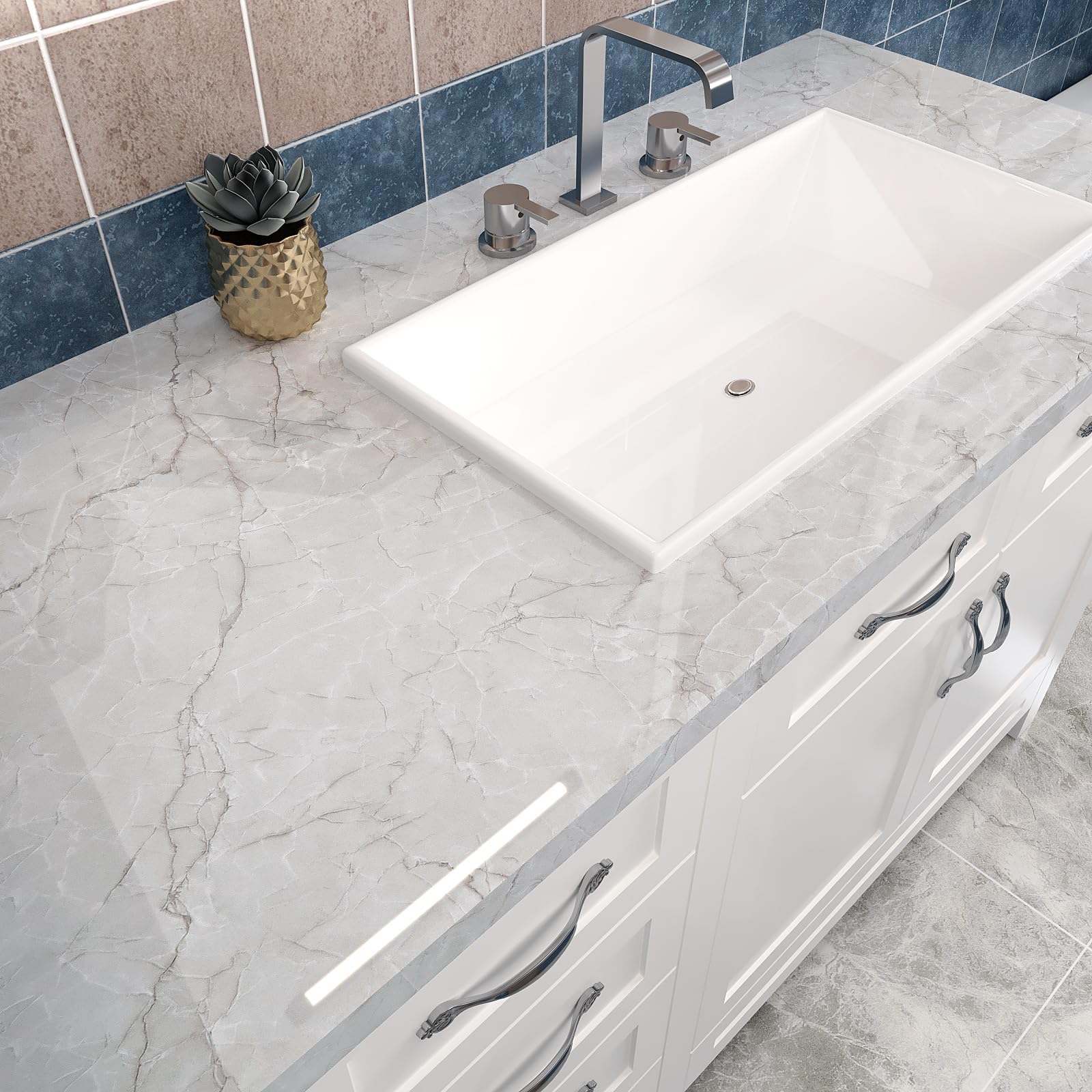 VEELIKE Papel Pintado Marmol Gris Blanco Brillante 81 cm×300 cm Vinilo Marmol Gris Claro Papel Pintado Autoadhesivo Pared Baño Vinilo para Encimera de Cocina Revestimiento Pared Salon Extraíble