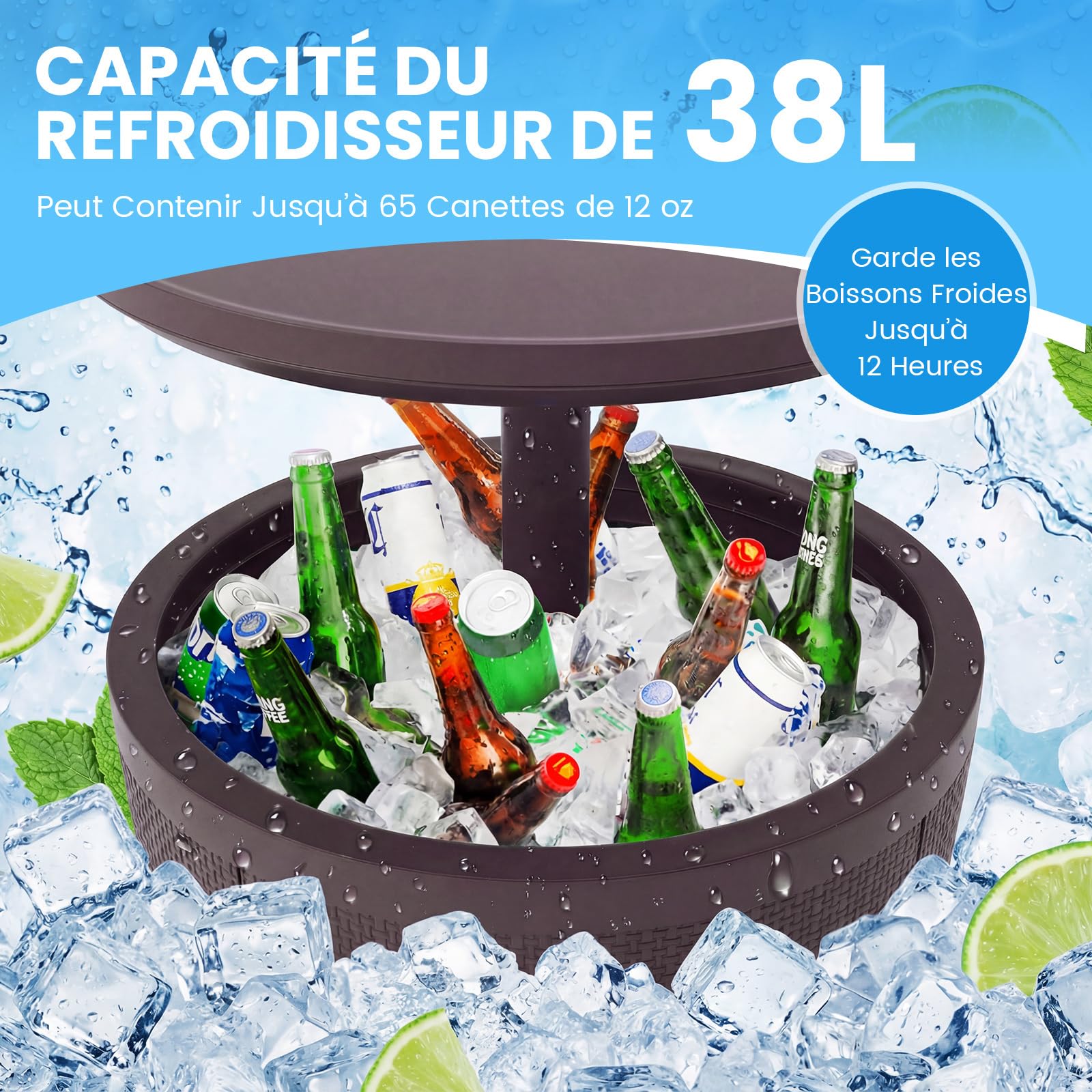COSTWAY Table Glacière 38L 2 en 1 avec Plateau Relevable, Seau à Glace d'Extérieur avec Bouchon de Vidange, Ø 49 x 59/84 cm Marron
