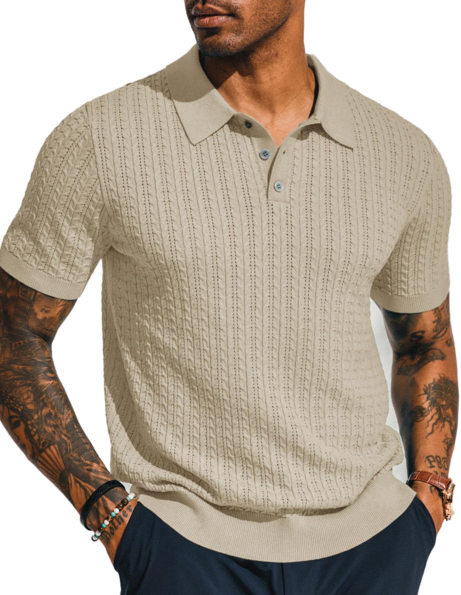 PJ PAUL JONES Mens Knit Polo Shirt Short Sleeve Hollow Out Knit Shirt Texture Knitted Polo