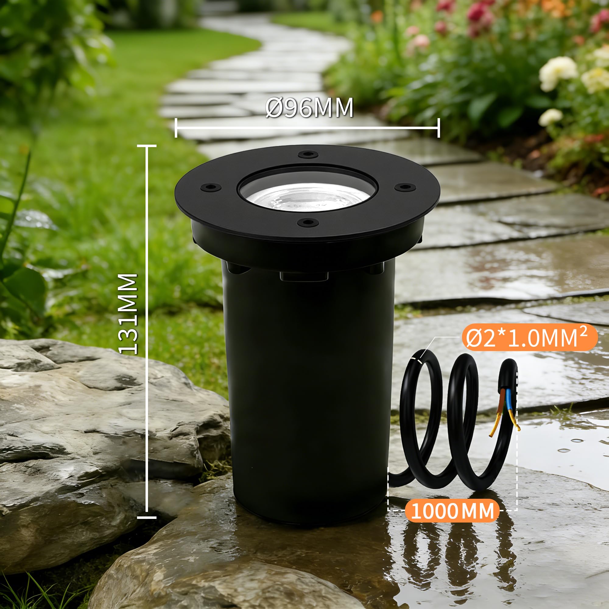 JNR Spot LED Extérieur IP67 Étanche 230 V GU10 5 W 3000K Blanc Chaud Encastrable Rond Noir