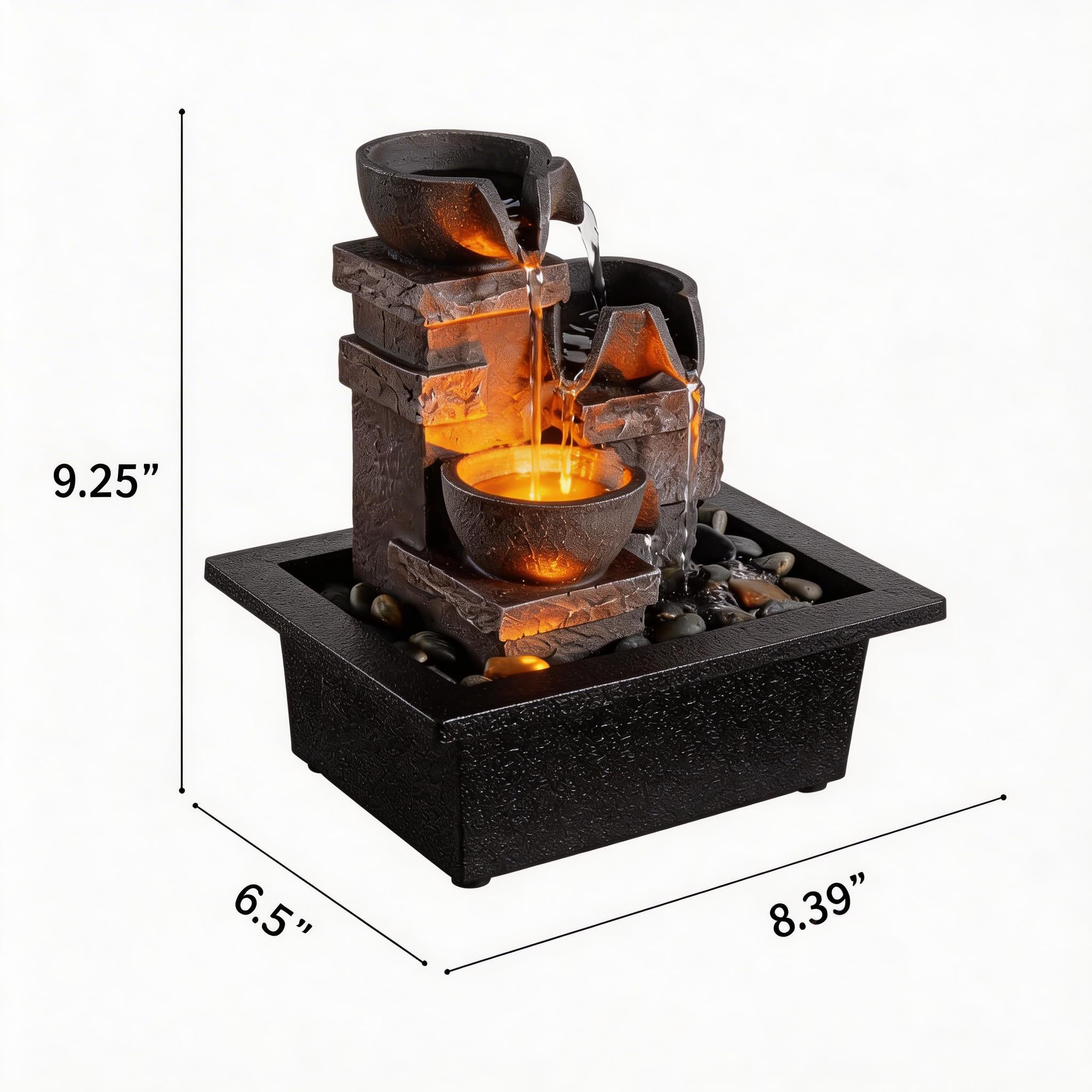 MAOCHI Fontaine d'intérieur à 3 bassins, son apaisant, fontaines de table pour la maison/le bureau avec roches naturelles de rivière lumières LED pompe d'arrosage automatique (22044A)