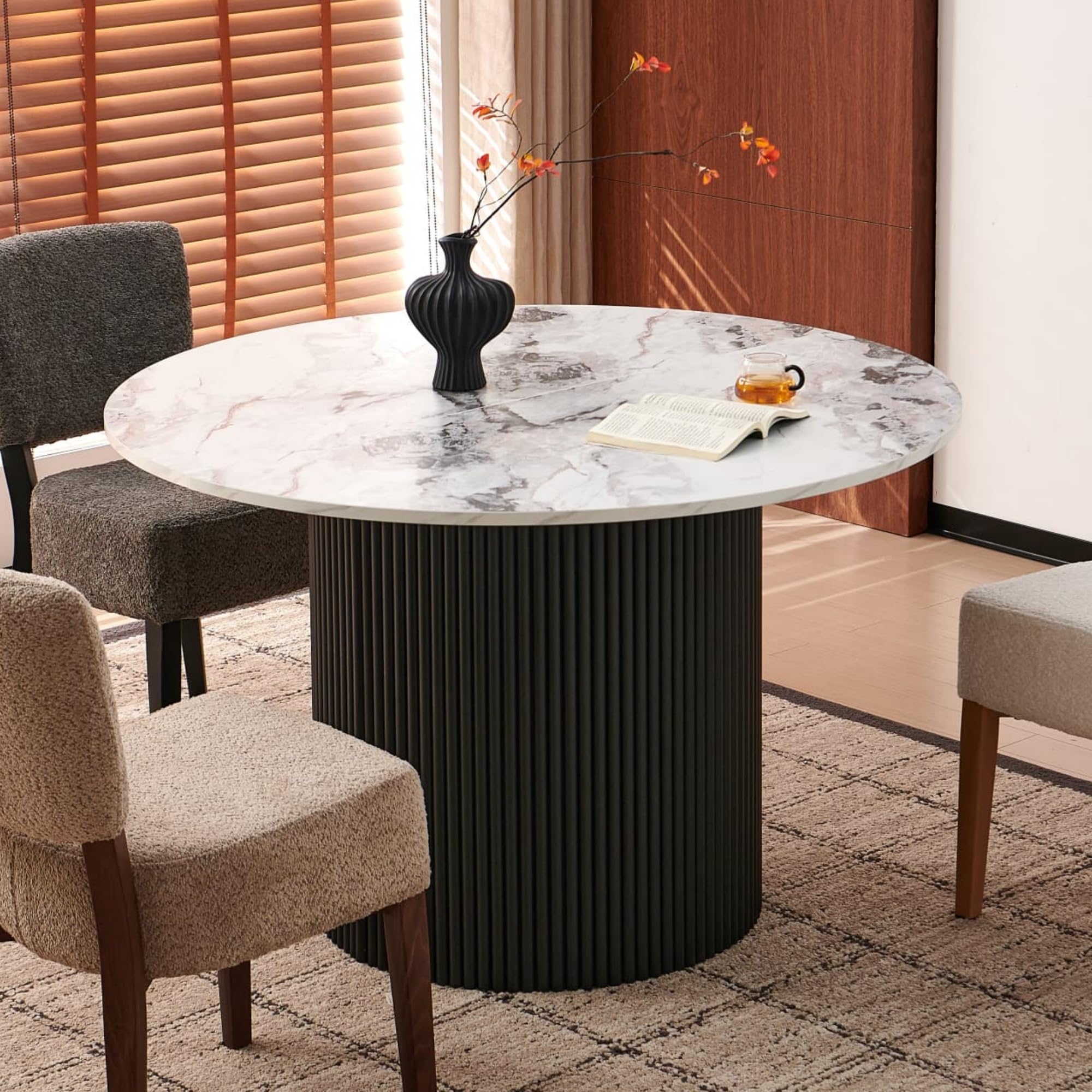 SQPFTW 47" Rustic Round Dining Table for 4-6, Industrial Circle Kitchen Dinner Table, Two-Part Faux White Marble Grain Tabletop & Engineered Wood