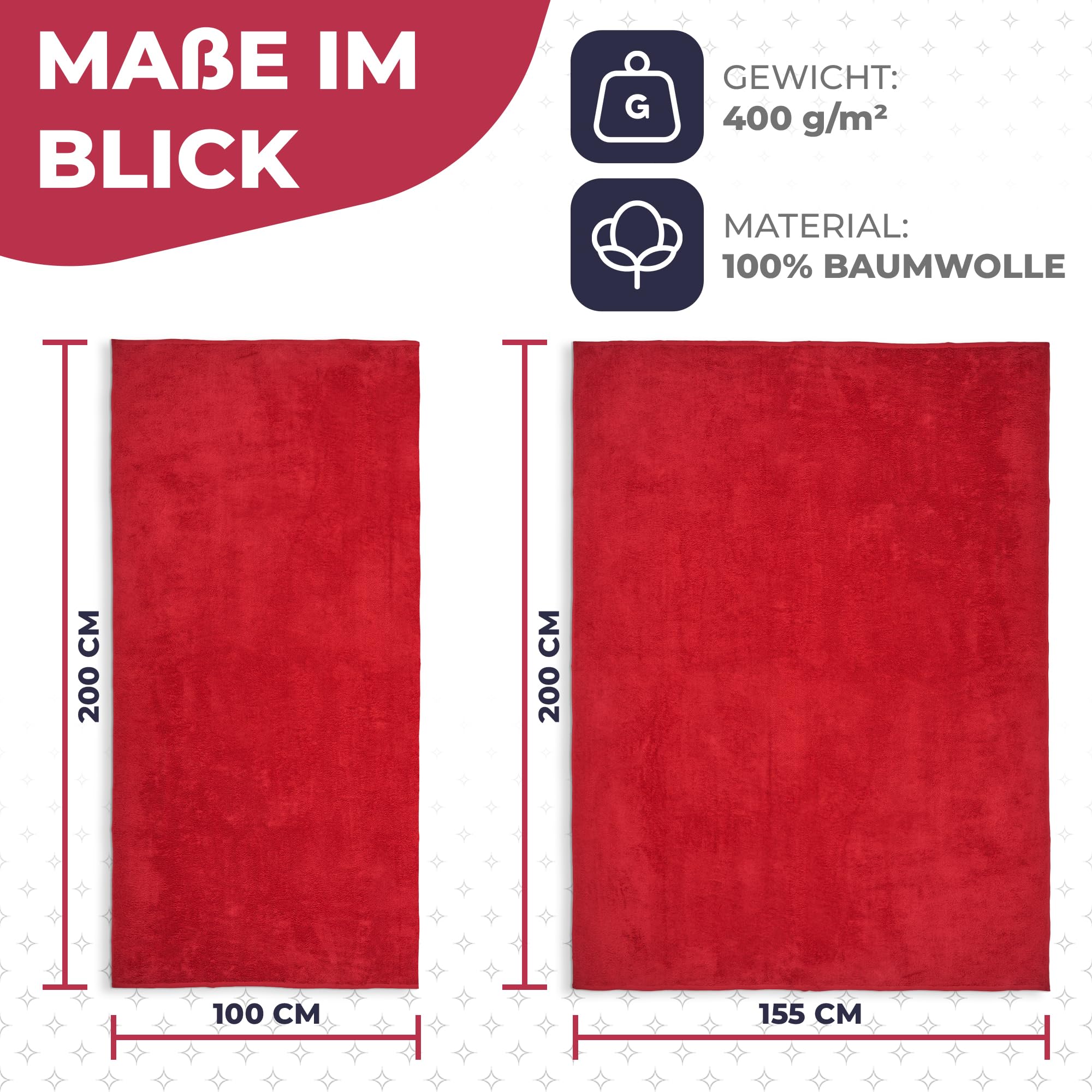 Strandtuch XXL Rot, 100% Baumwolle, 155x220cm - XXL Strandhandtuch - Badetuch in Übergröße -Duschhandtuch, Badehandtuch & Saunatuch