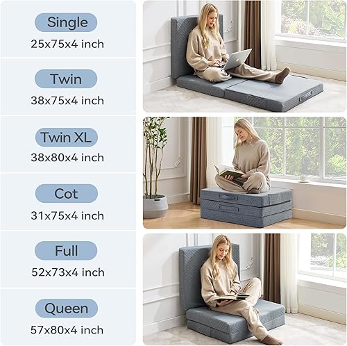 Miniatura 7 de BDEUS Colchón de espuma viscoelástica de tres pliegues de 4 pulgadas, cama portátil tamaño individual, tapete plegable para adultos y niños, funda