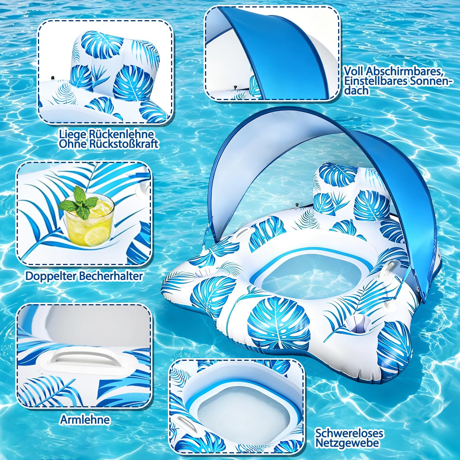 Colchón hinchable para adultos, sillón de piscina Tanning con toldo ajustable, soporte para bebidas y reposabrazos, sillón flotante para fiestas de verano y playa