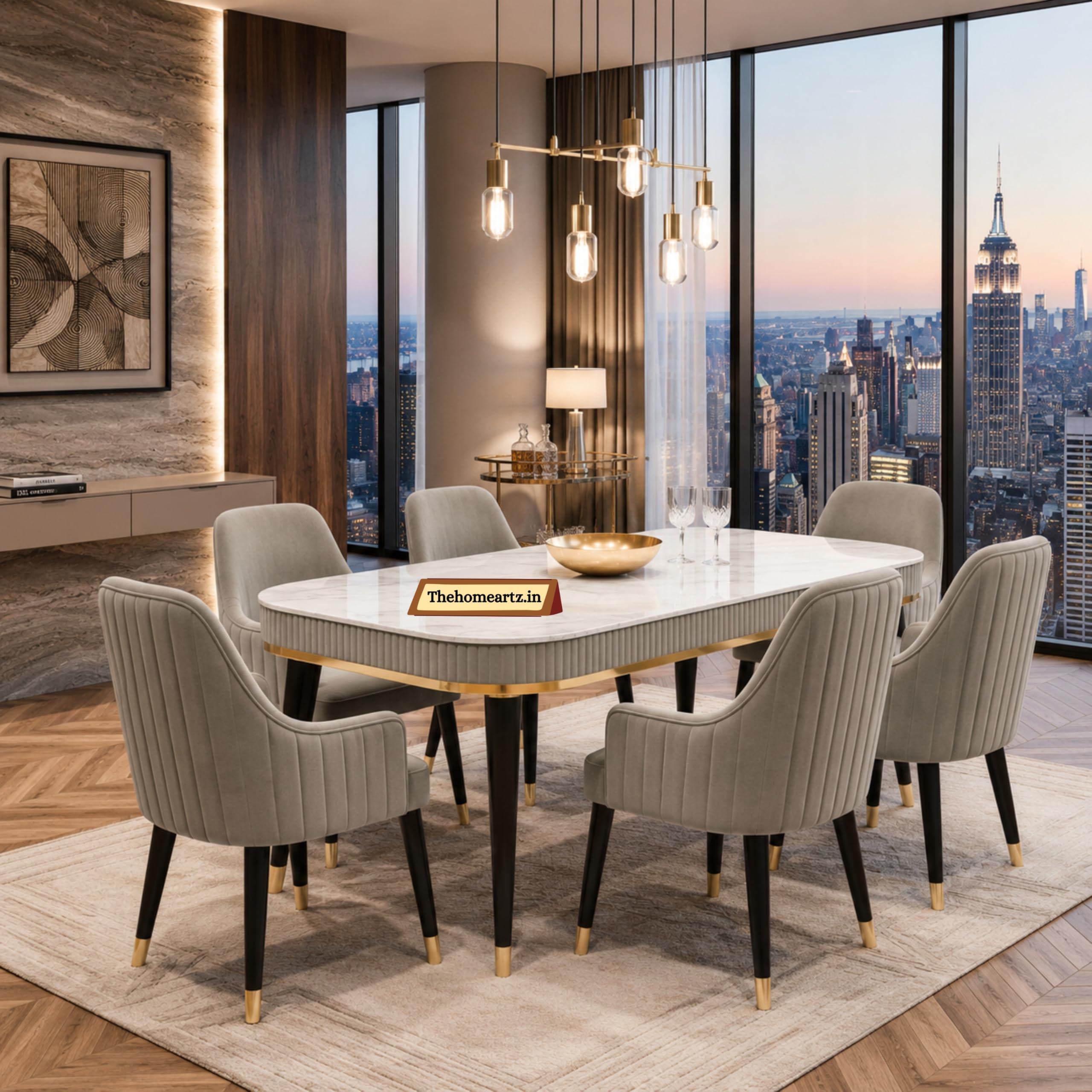 The Homeartz 6-Seater Modern Wooden Dining Table Set | 1 Year Warranty | Created Italian Statuario Marble Top | Elegant Composite Marble Table with 6 Chairs (Light Gray)