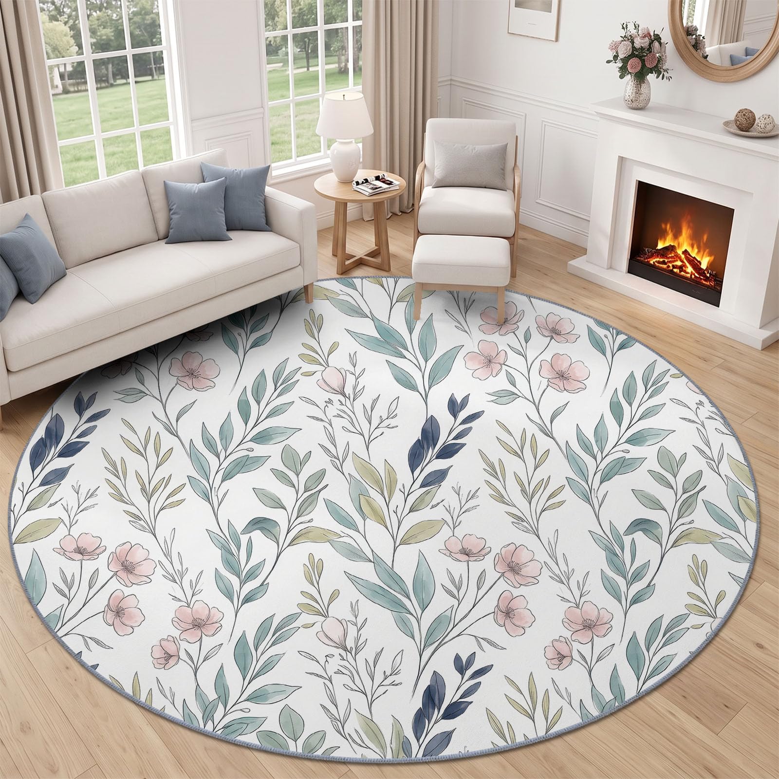Tapis Rond 100 cm, imprimé Moderne Naturel Fleurs Feuilles Tapis de Sol Décoration Antidérapant Poil Bas pour Salon Chambre Cuisine Salle à Manger Intérieur, Vert