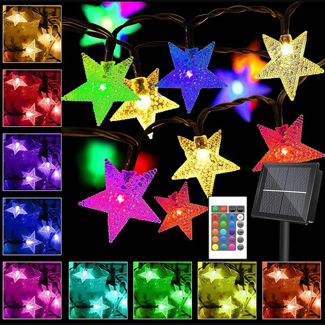 TacoBey Solar Star String Lights, 39FT 66 LED RGB Color Changing Solar Powered Garden String Lights with Remote for Outdoor Garden Patio Yard Deco