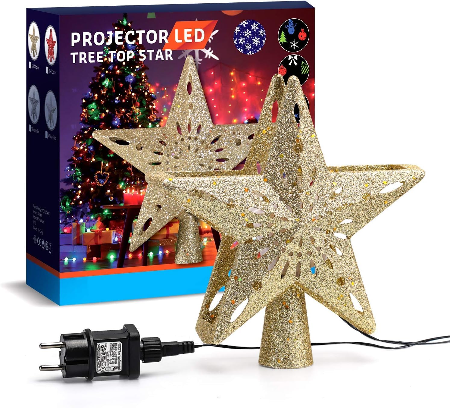 Avoalre Pointes de Sapin Projecteur 3D Rotation Étoile Sapin de Noël LED Arbre Topper Lumineuse Rotatif Decoration pour Arbre de Noël Interieur Exterieur-Doré(Etoile)