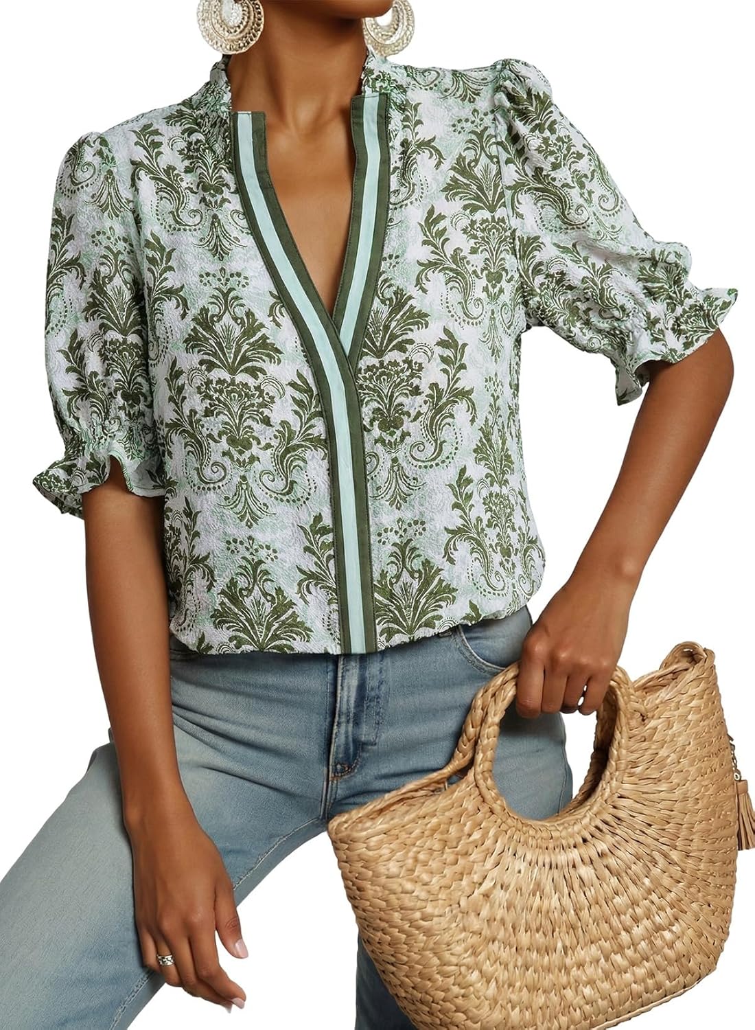 Dokotoo Women's Summer Boho Floral Ruffle Shirt Puff Short Sleeve V Neck Casual Trendy Cute Blouse Tops