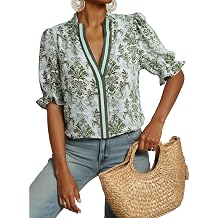 Dokotoo Womens Summer Boho Floral Ruffle Shirt Puff Short Sleeve V Neck Casual Trendy Cute Blouse Tops