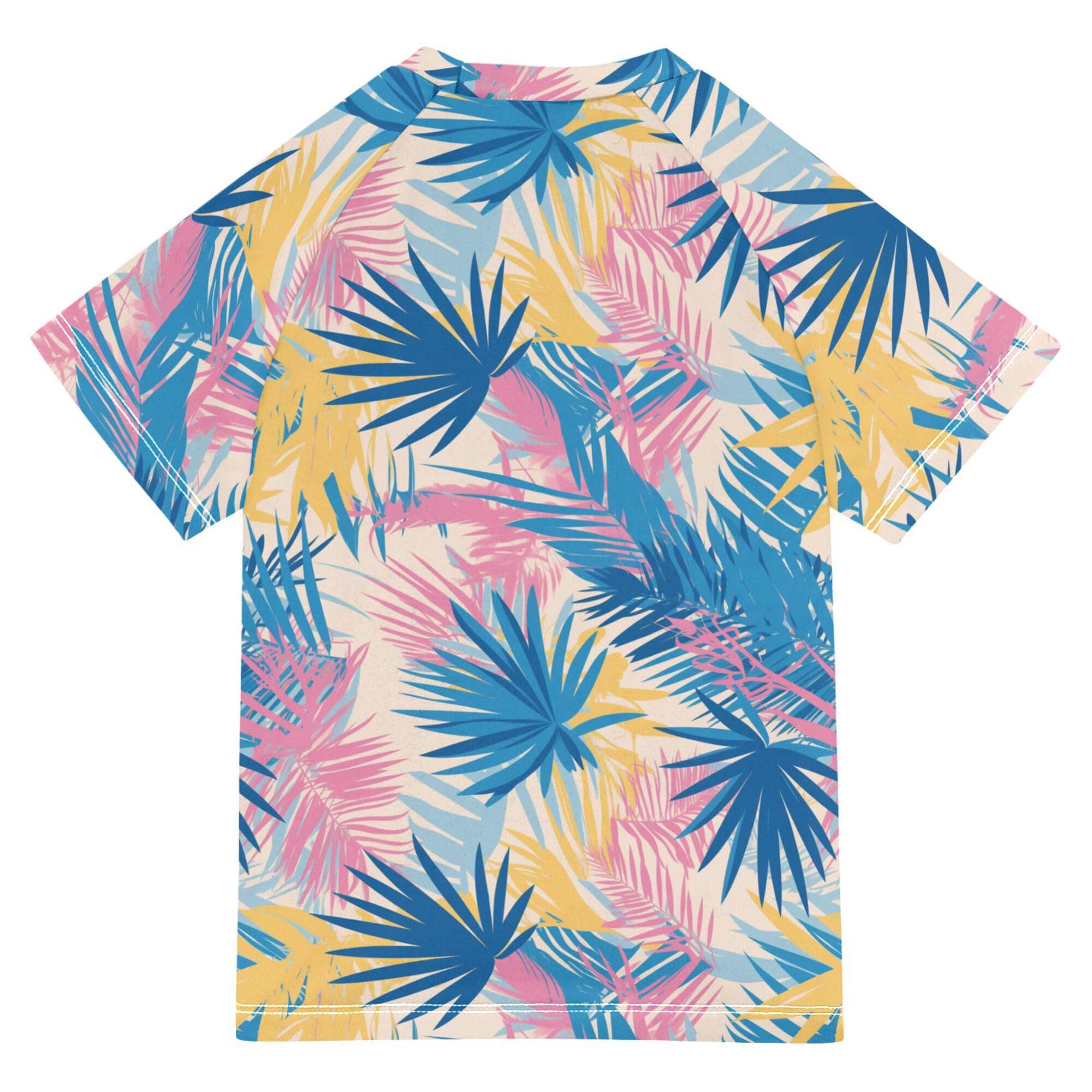 Palm Leaves Beige and Blue Bathing Suit Girls UV Protection Athletic Clothes Swimwear Beach Tops 3T