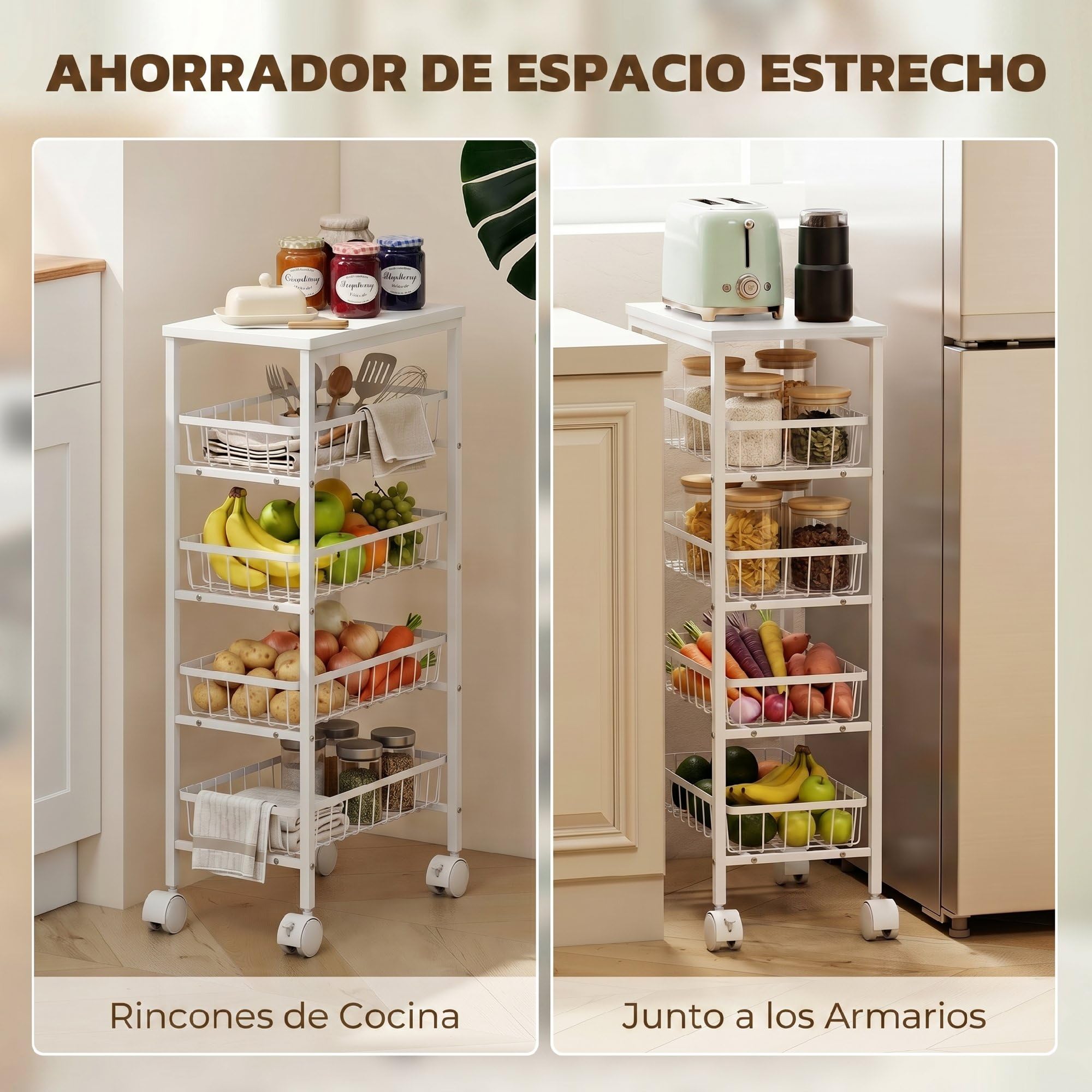 HOMCOM Carrito Auxiliar con Ruedas 4 Cestas Extraíbles 15 kg Blanco | Carrito de Cocina, Marco Metálico, para Comedor, Sala de Estar, Baño, 40x24x82 cm