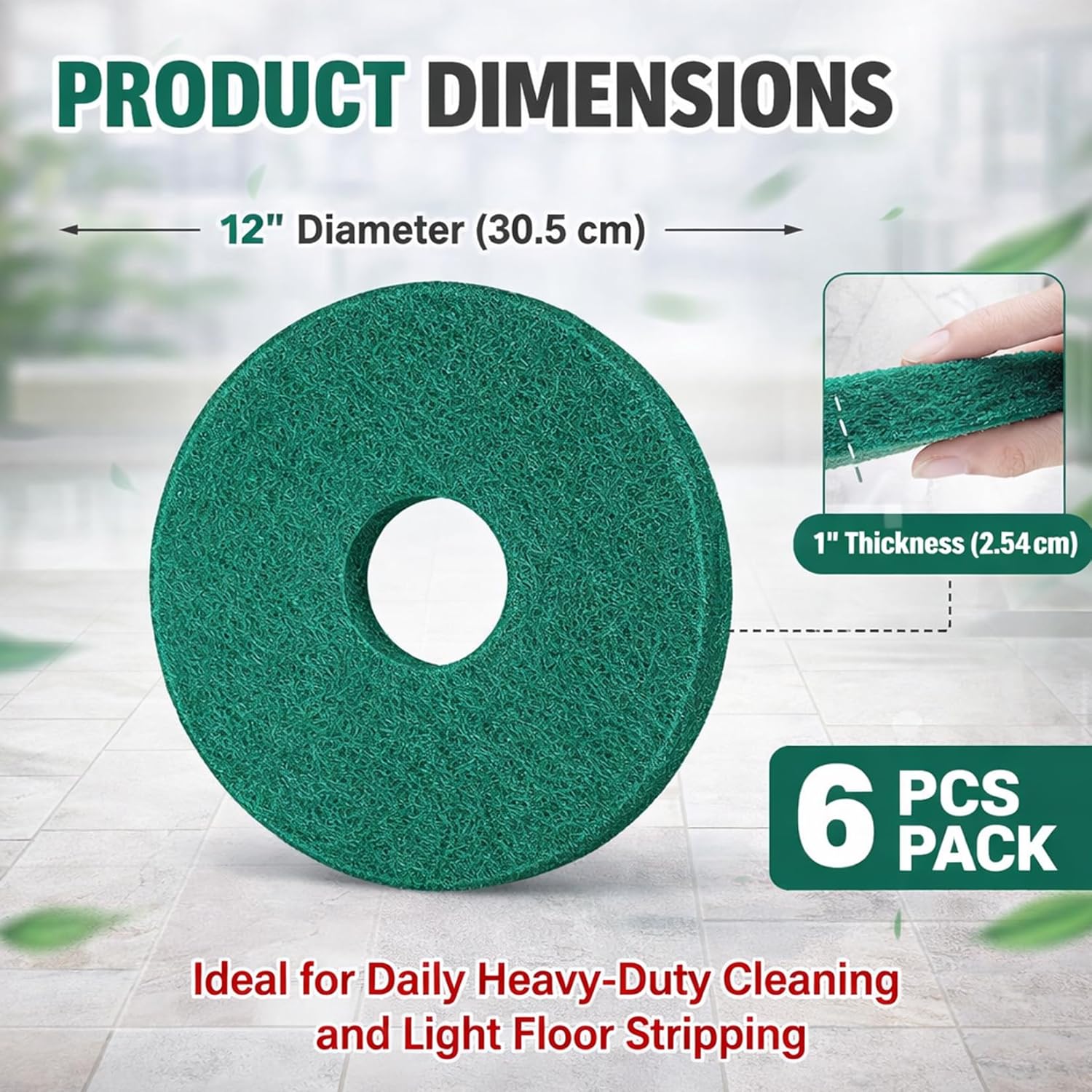 6 Pcs 12" Cleaning Orbiter Pads 437.056 for Oreck 550MC Orbiter Floor Machine,Commercial Floor Buffer Pads,Green Scrubbing Pad for Tile, Hardwood, Marble Floors