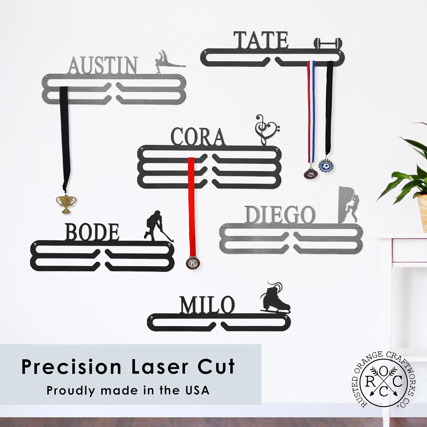 ROCC RUSTED ORANGE CRAFTWORKS CO. Medal Hanger Holder (5 Pack) Display Rack Pack for Teams - Personalized Sports Themed Ribbon Holder for Wall Tiered Award Rack Medal Hanger Display Medal Display