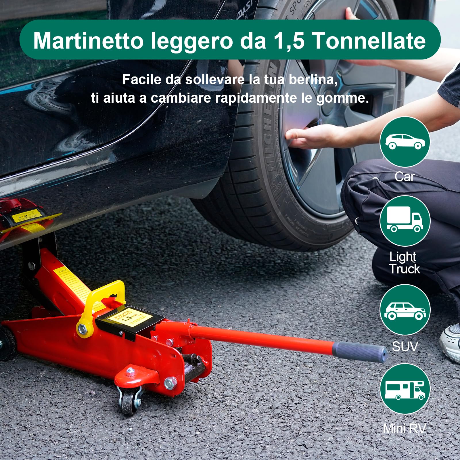 HYCHIKA Cric da corsa in acciaio, con pompa di sollevamento rapido a pistone idraulico, capacità di 1.5 tonnellate