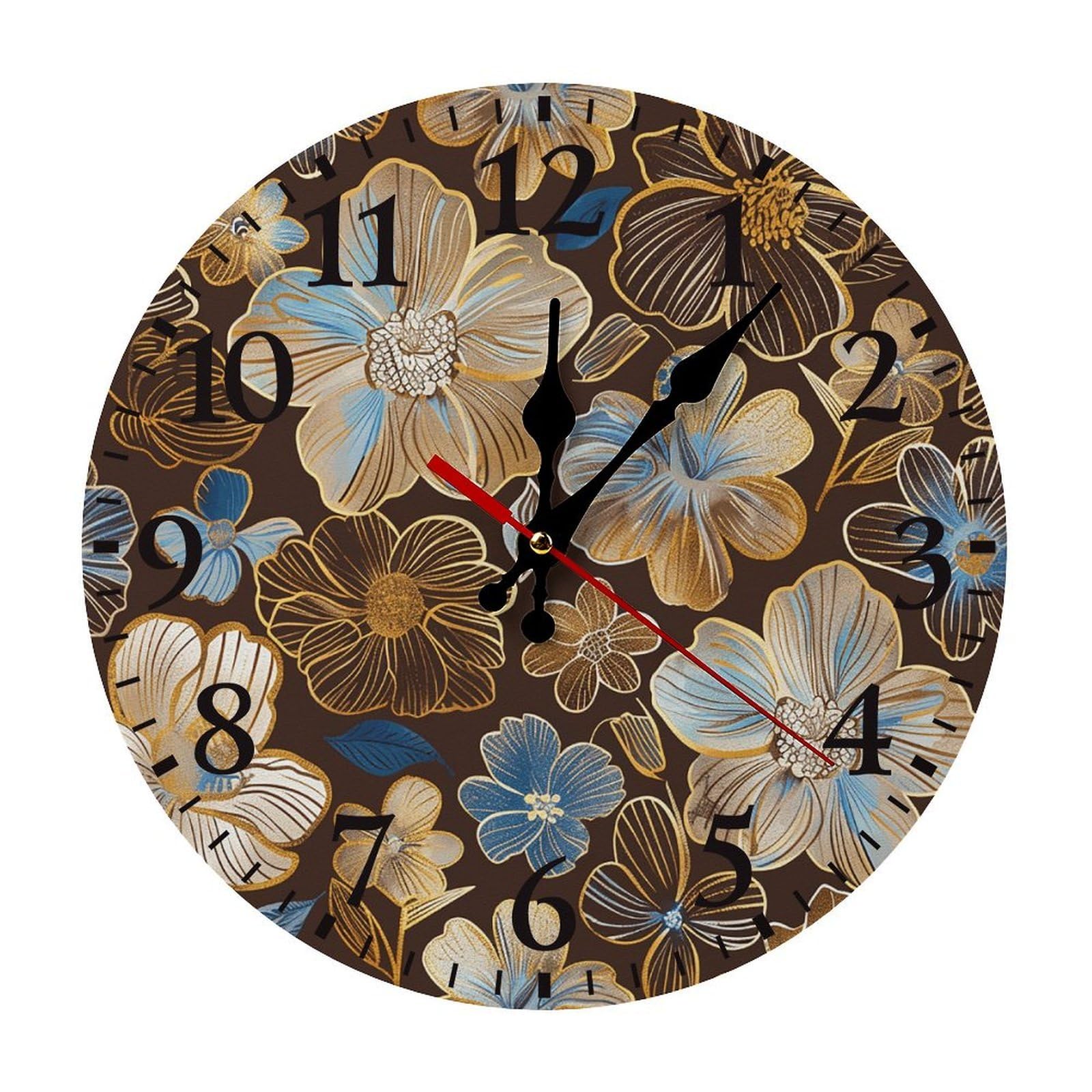 NTVOWPZO 10 Inch Wall Clock Hand Drawn Flowers Battery Operated Wall Clocks Silent Non-Ticking Round Wall Clock for Living Room Kitchen Home Office Wall Decorative Clock