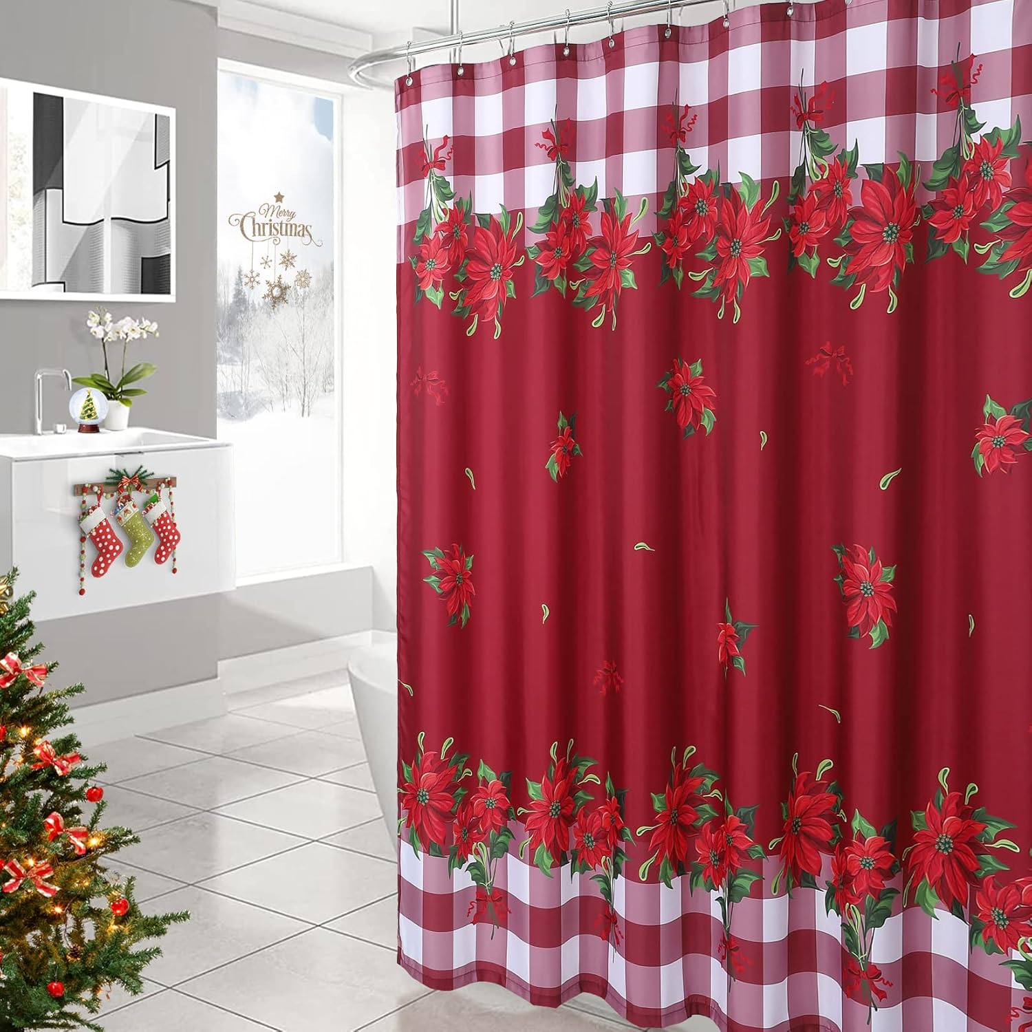CAROMIO Red Christmas Shower Curtains Vintage Red and White