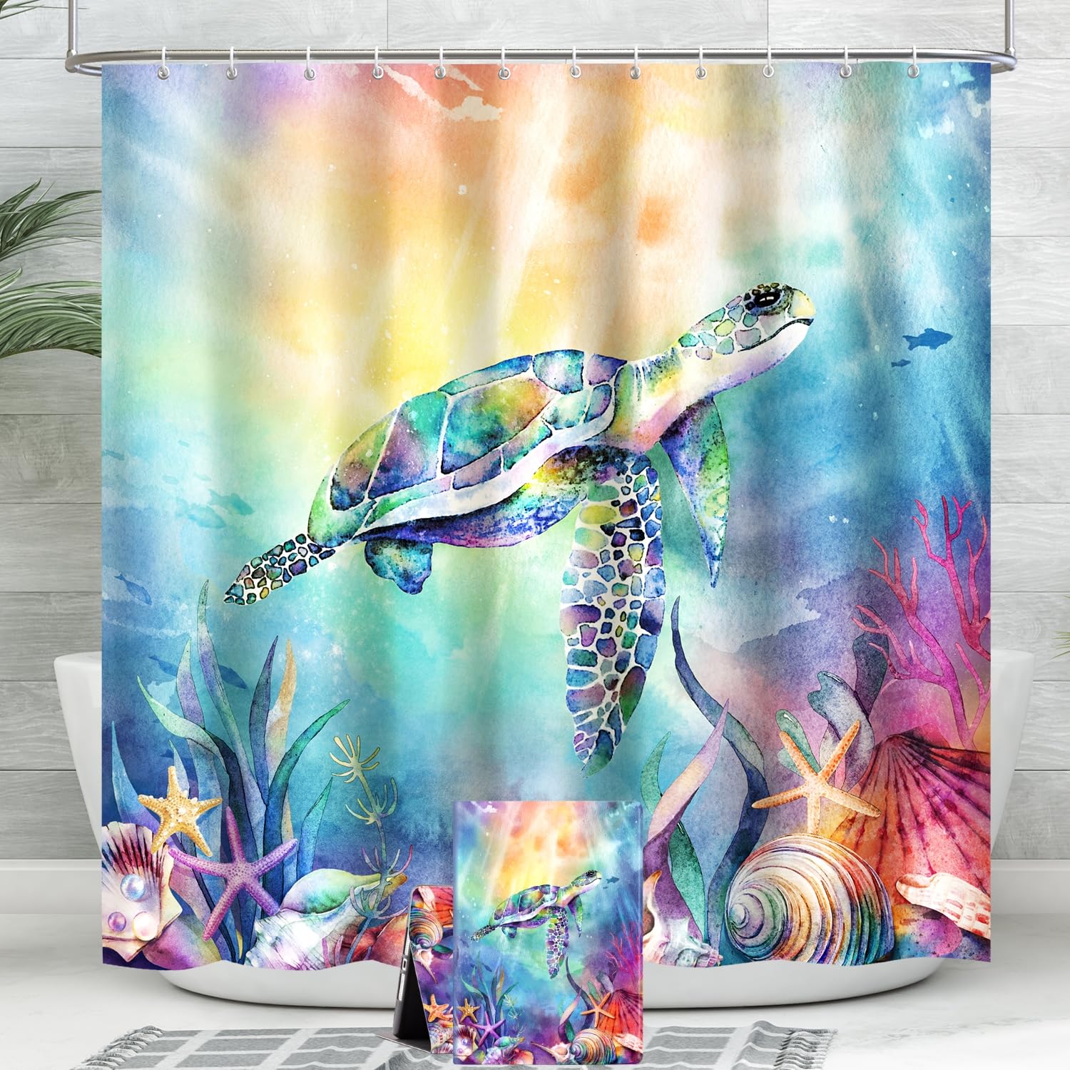 Lokigo Shower Curtains for Bathroom with iPad 10.2 Case for 9th/8th/7th genernation, Turtle