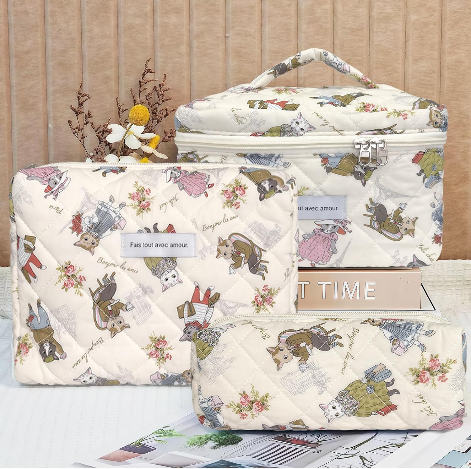 Cute Cotton Quilted Makeup Bag Set, Large Travel Cosmetic Bag for Women, Big Make Up Bag with Toiletry Organizer, Aesthetic Storage for Daily Use & Travel