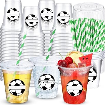 Jingmore 50 Sets Soccer Cups with Lids and Paper Straws Bulk for Party Decorations 12 oz Disposable Plastic Soccer Cups for Drinking Coffee Milkshake Beverage Football Birthday Party Supplies
