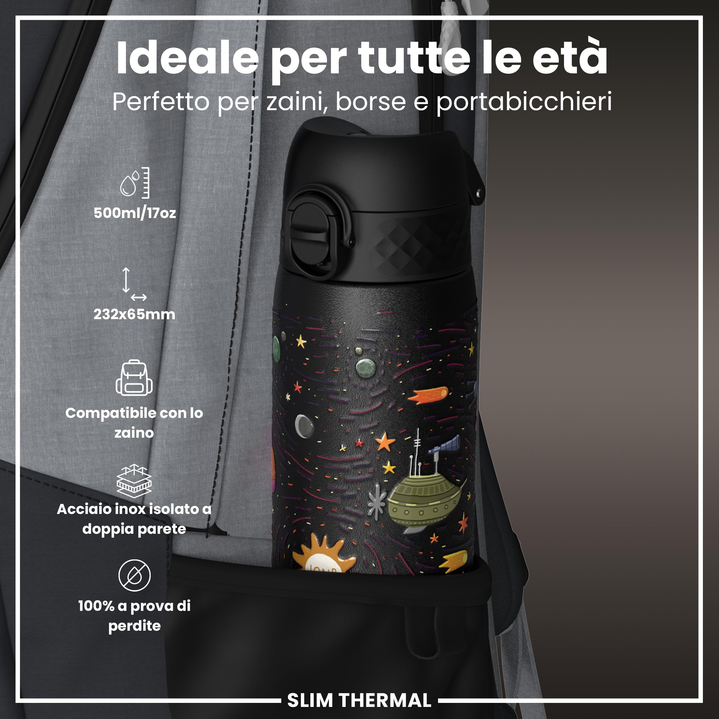 Ion8 Borraccia Termica in Acciaio Isolato, 500ml, a Prova di Perdite, Facile da Aprire, Serratura Sicura, Lavabile in Lavastoviglie, Maniglia per il Trasporto, Facile Pulizia, Durevole,Astronavi