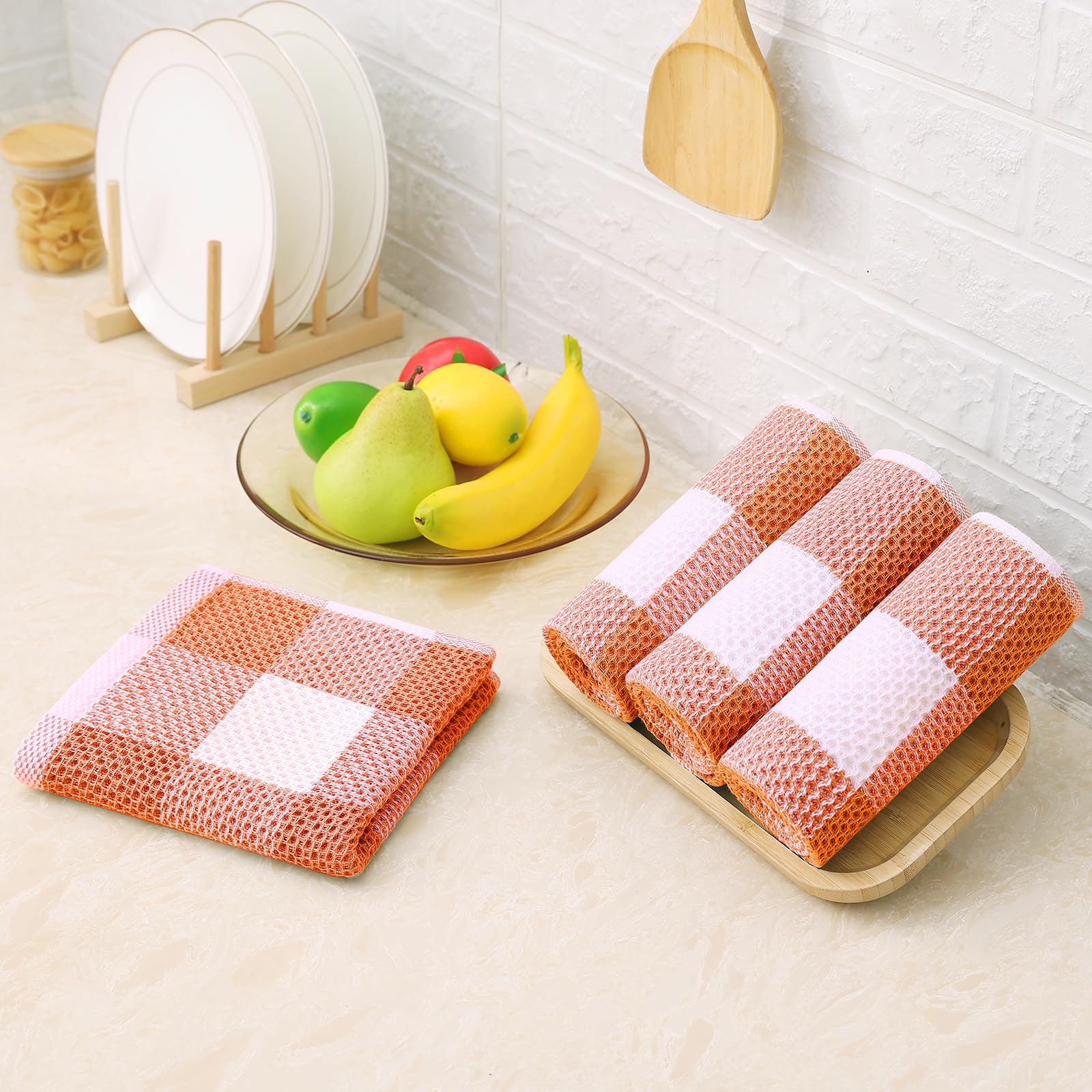 Homaxy Juego de 8 paños de Cocina y paños de Cocina, 12 x 12 y 13 x 28 Pulgadas, 100% algodón, Tejido gofre, a Cuadros, súper Suaves y absorbentes, Color Blanco y Naranja