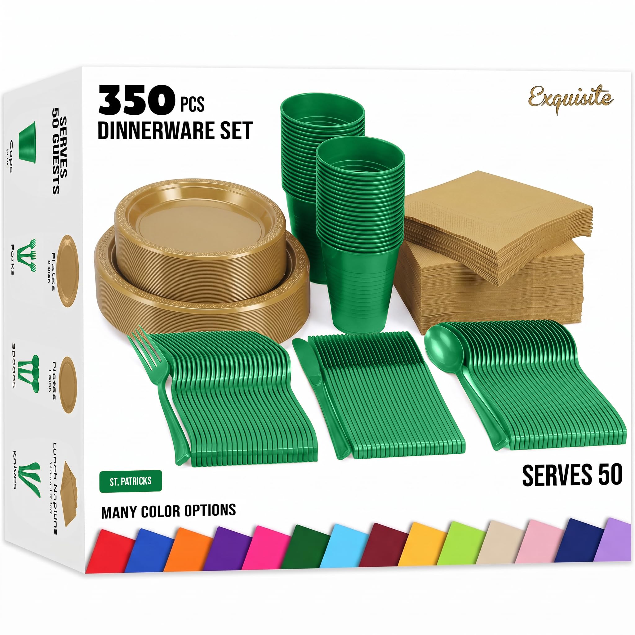 Exquisite 350 Pcs St. Patricks Plastic Plates For Party St. Patricks Disposable Plates Set, 50 Of Each 9" Dinner Plate Set, 7" Dessert Plate, Cups, Napkins &amp; Cutlery Plastic Dinnerware
