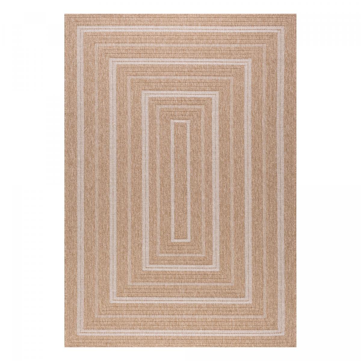 Tapis Exterieur 60 X 90 Cm, Rectangulaire Format Pratique, Motif Géométrique Graphique Lignes Concentriques, Beige, Blanc, Kilim Tissé Turquie, 7351