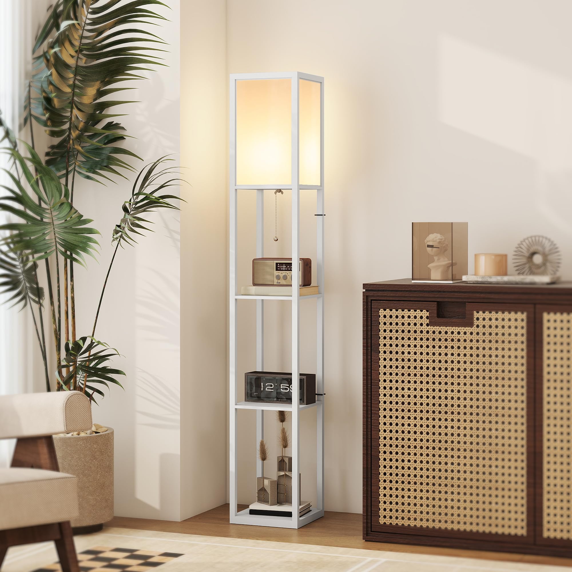 HOMCOM Lámpara de Pie con Estantes de Almacenaje, Lámpara de Madera Moderna, Bombilla E27, para Salón, Dormitorio, Oficina, Blanco
