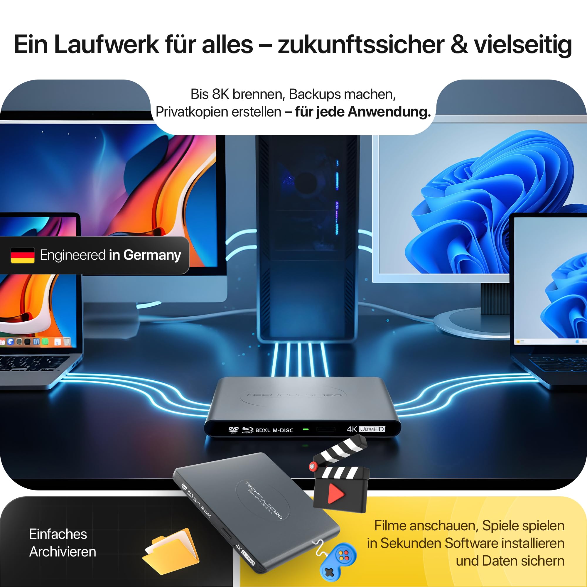techPulse120 Externes USB 3.1 USB-C UHD 4k 3D M-DISC Blu-ray DVD CD HDR10 128GB Laufwerk Brenner Burner Signature Paket Tasche 90cm Anschlusskabel Aluminium (Grau)