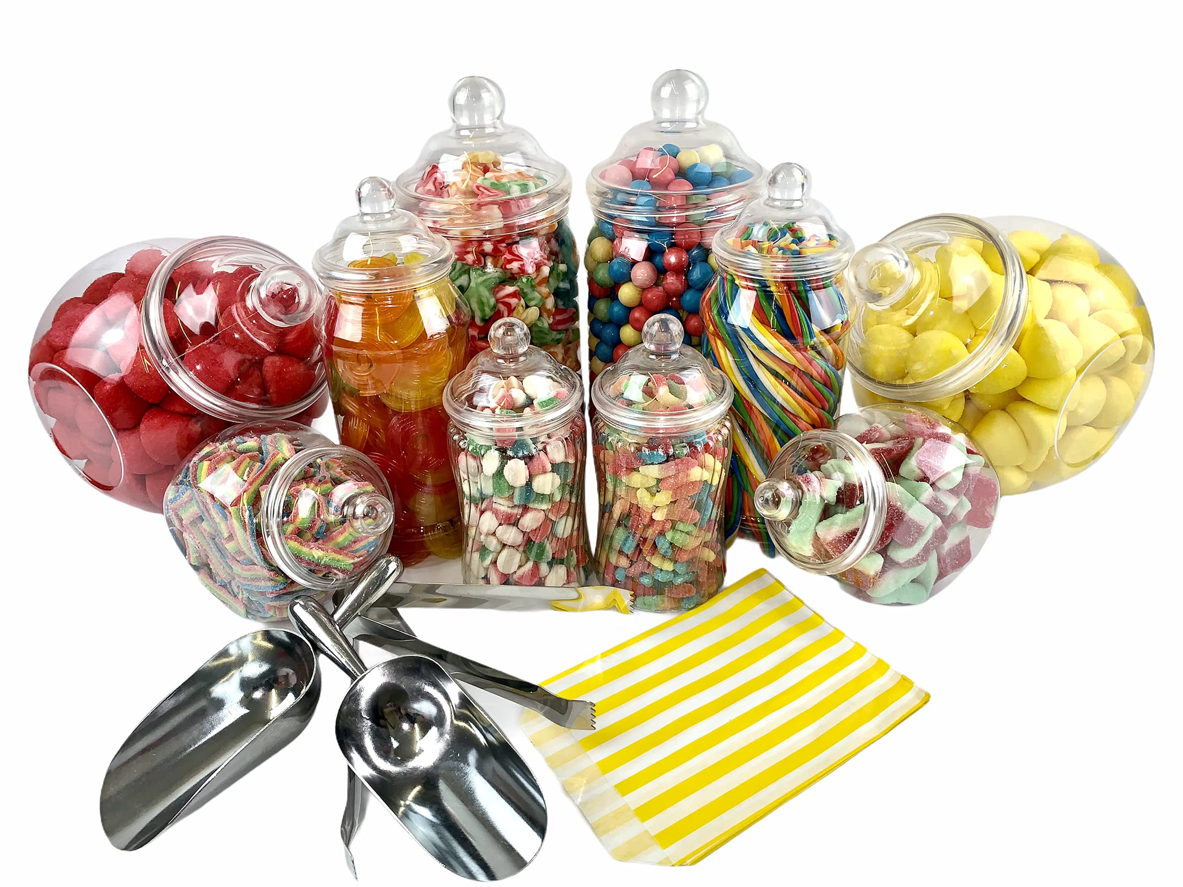 Sweet Candy Buffet Pick & Mix Jars - Set of 10 Mixed Jars with Victorian Bobble Lids, 2 x Metal Tongs, Scoops & 100 x Yellow Striped Bags