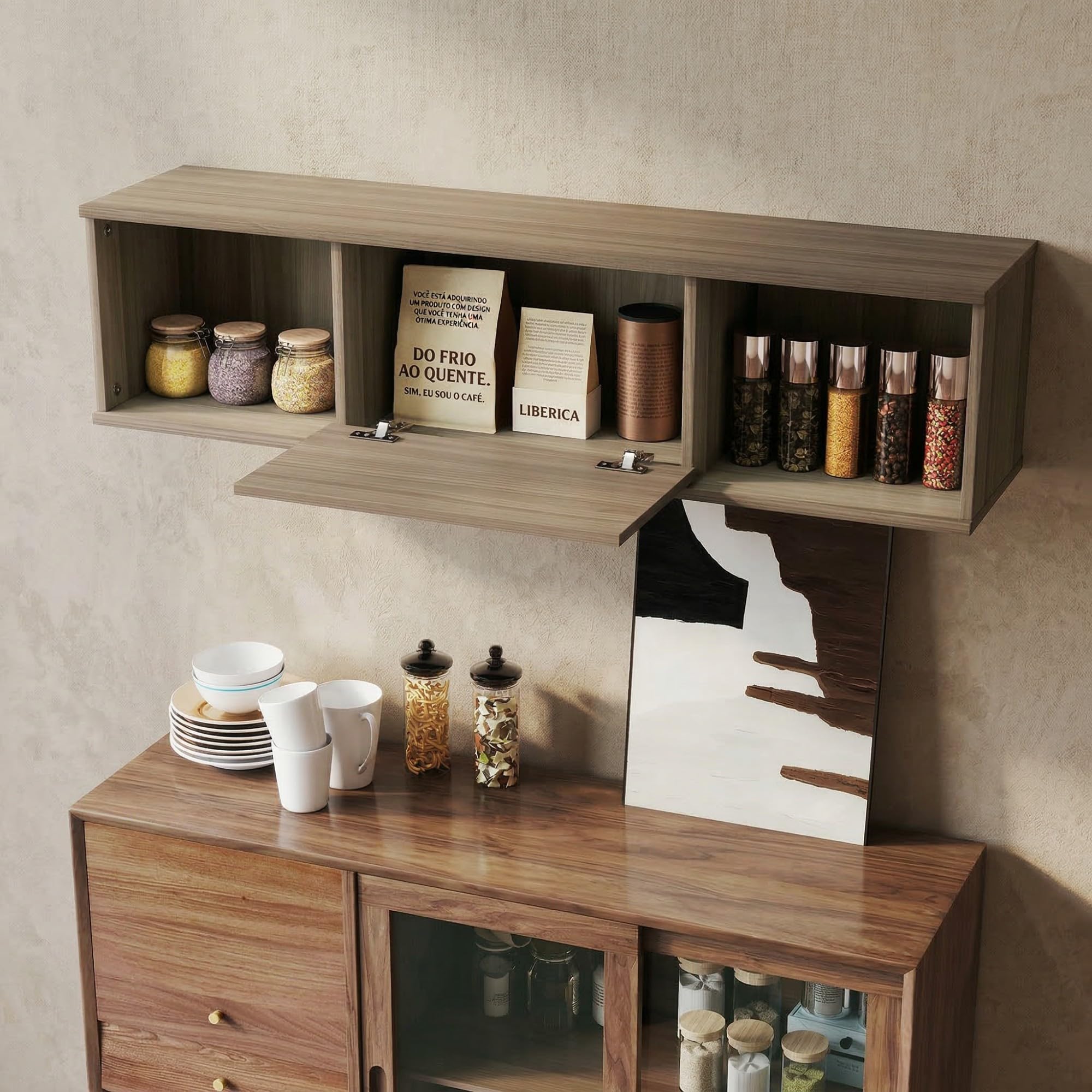HOMCOM Armario de Pared 2 Compartimentos Mueble TV 120x30x29,5 cm Marrón | Abiertos, Puerta Abatible, Armario de Almacenaje Colgante, Salón Cocina Baño