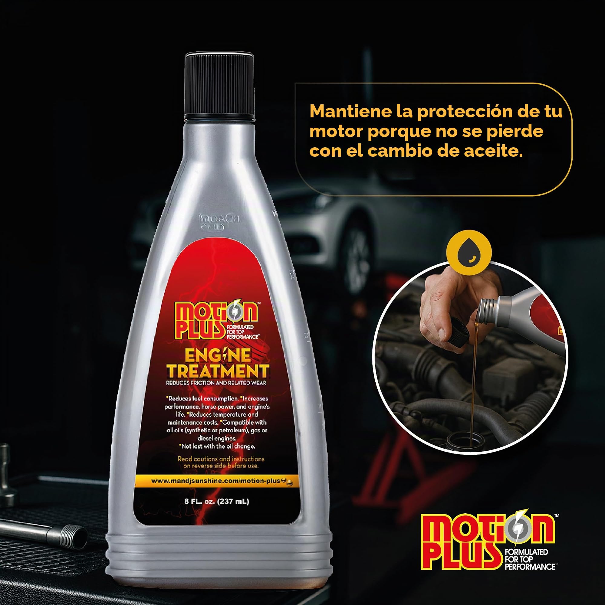 Tratamiento de motor Motion Plus/tratamiento de metal/superlubricante/resistente/antifricción/tratamiento de metales del motor/lubricante/EP/automoción/coches/8 onzas