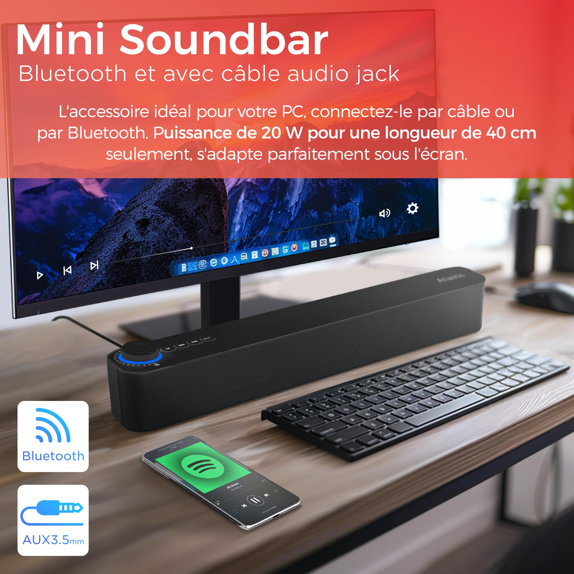 ATLANTIS Soundbar PC 20 W Bluetooth 5.3 Radio FM Noir 420 x 60 x 74 mm